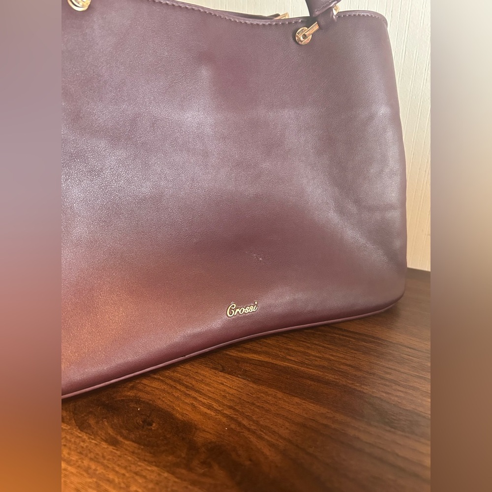 Burgundy Structured Satchel Bag Gold V Top Handle Crossbody Purse - Picture 11 of 12